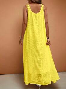 Breezaya 大码女士度假蕾丝边纯色法式连衣裙 - 黃色 - 查看 2
