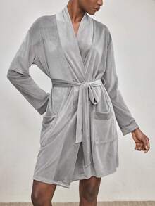 Ocili Women's Silky Gray Comfortable Velvet Loose Belted Mid-Length Robe, Sleepwear - Grey - View 5