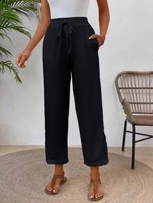 SHEIN LUNE Women's Summer Solid Color Patchwork Lace Drawstring Waist Long Pants - Black - View 5