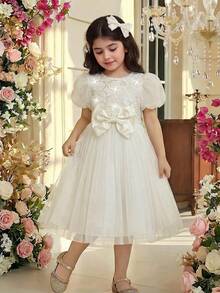1pc Girls Princess Apricot White Dress,Summer Traditional Wedding,Embroidered Sequin Fabric,Lantern Puff Sleeves,Layered Ruffle Hem,Front Bow Decor - Apricot - View 4