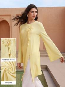 Graceveil 1pc Women's Solid Color Round Neck Textured 3D Floral Split Asymmetrical Long Sleeve T-Shirt - Yellow - View 4