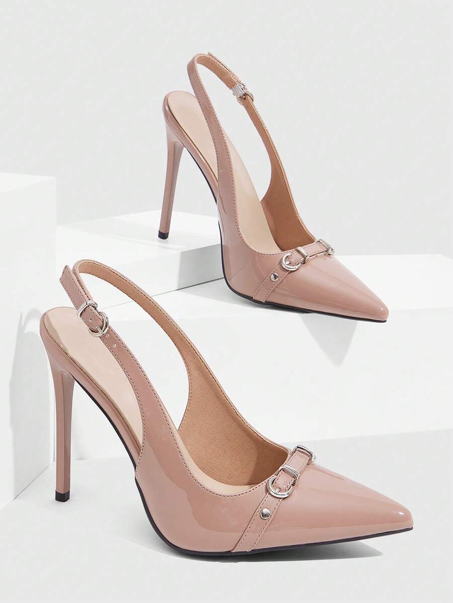 CUCCOO SZL 女士酒红色时尚高跟鞋，勃艮第红细跟带扣装饰 - 杏色 - 查看 1