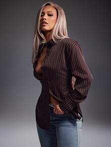 Denimoi Cinched Waist Stripe Pattern Balloon Sleeve Button Up Shirt Brunch Outfits Fashionable Tops - Brown - View 1