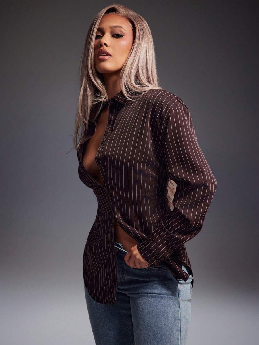 Denimoi Cinched Waist Stripe Pattern Balloon Sleeve Button Up Shirt Brunch Outfits Fashionable Tops - Brown - View 1