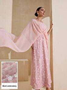 Graceveil Đầm dạ hội thanh lịch dành cho nữ, thắt eo, trang trí hoa 3D, thiết kế phối lưới, phù hợp cho các dịp lễ hội Ả Rập. - Hồng - Xem 2