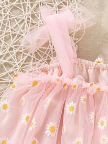 SHEIN Vintaside Kids 可爱优雅的女婴碎花网纱连衣裙，喇叭裙摆 - 粉色 - 查看 5