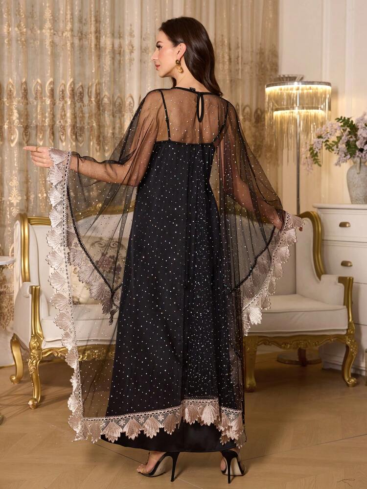 SHEIN Elenzya Women's Elegant Mesh Patchwork Floral Embroidery Shawl And Camisole Dress 2 Pieces Set - Black - View 2