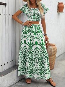 Breezaya Women's Summer Vacation Allover Print Ruffle Hem Crop Top And Skirt 2 Pieces Set - Green - View 6
