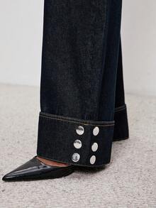 ATUI Studio 女士纯色斜插口袋休闲百搭阔腿牛仔裤 - 藍色 - 查看 4