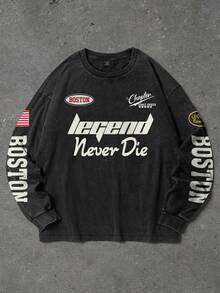 Manfinity EMRG 男士字母图案印花圆领休闲长袖T恤 - 黑色 - 查看 1