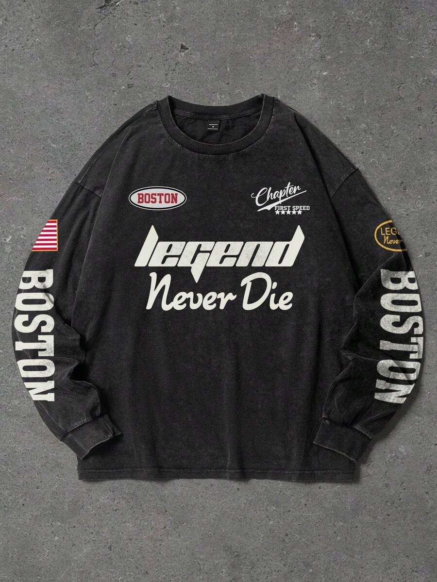 Manfinity EMRG 男士字母图案印花圆领休闲长袖T恤 - 黑色 - 查看 1