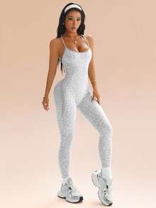 Seamluxe SHEIN Sport Leopard Print Gray & White Backless Camisole Skinny Seamless Sports Jumpsuit - Light Grey - View 6