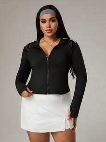 SHEIN Sports Veste de mode sportive grande taille, cardigan manche longue ajusté avec trou pour le pouce, patchwork asymétrique en maille floquée et blocs de couleurs - Noir - Voir 5