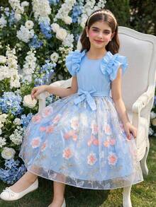 SHEIN Đầm dệt kim thanh lịch tay ngắn cổ tròn phối lưới thêu họa tiết, có thắt lưng, thích hợp mặc hàng ngày, dự tiệc, đám cưới, mùa xuân/hè. - Màu xanh lam - Xem 8