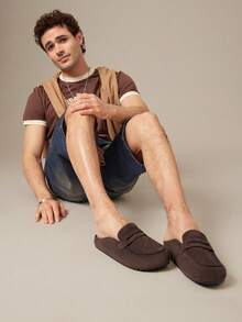 SHUZIA #QuietLuxury Men's Fabric Suede Coffee Slip-On Loafer Clogs – Soft Footbed, Minimalist Penny Strap & Effortless Everyday Style - Coffee Brown - View 4