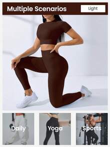 SHEIN Core Rhythm Seamless Women High Waist Sports Set, Short Sleeve Top And Pants Women S Athletic Sets Workout Rompers Jumpsuits Workout Clothes Women Women Plus Activewear Sets Women Clothing Athletic - Coffee Brown - View 6