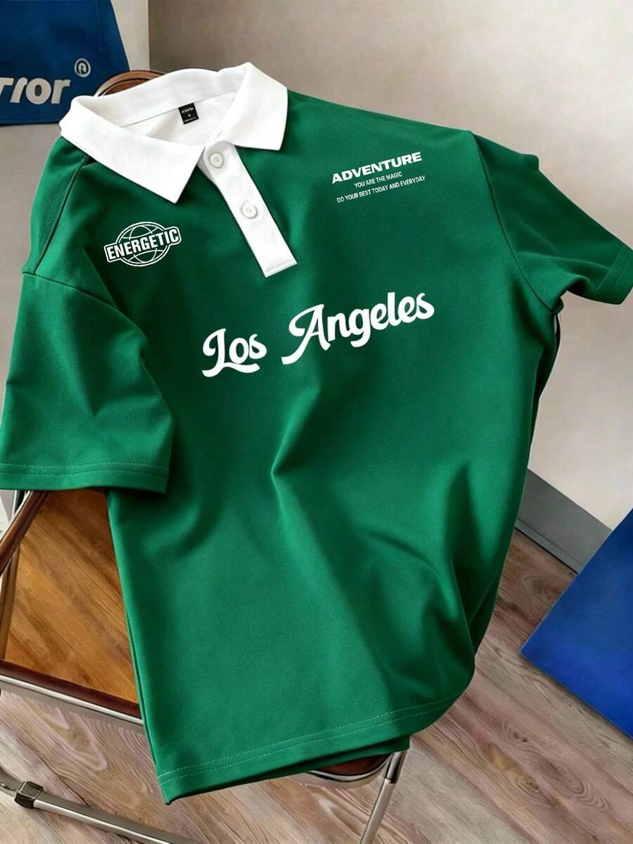 Manfinity Joysei Men's Casual Letter Print Contrast Color Short Sleeve Polo Shirt - Green - View 1