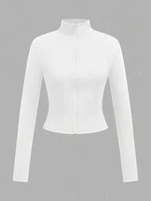 SHEIN EZwear 秋季新款 2件組高彈力羅紋針織拉鍊長袖女款T恤，白色與黑色，適合日常通勤、聚會、秋冬夏季、聖誕節、新年、感恩節、派對、婚禮、海灘、畢業、優雅、外出、約會、通勤、情人節、優雅、度假 - 彩色 - 查看 3