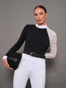 Activina Women's Lace Patchwork Stand Collar Casual Versatile Equestrian Long Sleeve Top - Black - View 1