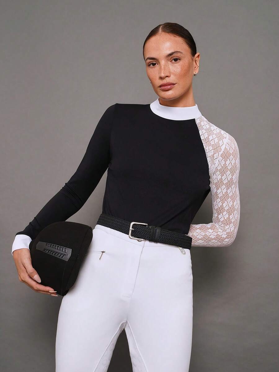 Activina Women's Lace Patchwork Stand Collar Casual Versatile Equestrian Long Sleeve Top - Black - View 1