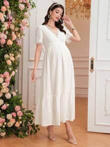 SHEIN 女士夏季度假几何纹理V领泡泡袖蕾丝边连衣裙，优雅孕妇装 - 白色 - 查看 6