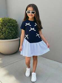 SHEIN Blue Patchwork & Striped Short Sleeve Casual Dress, Collegiate Style - Royal Blue - View 8