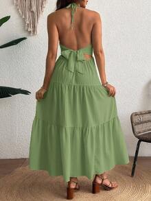 SHEIN Đầm bầu thoải mái, cổ yếm, hở lưng, viền bèo nhún, thích hợp cho kỳ nghỉ. - xanh quân đội - Xem 2