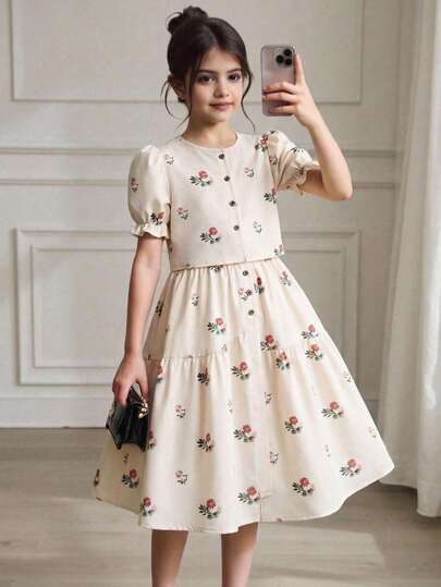 2pcs/Set Floral Print Puff Sleeve Shirt & Asymmetric Button Skirt, Comfortable For Vacation Or Daily Wear, Spring/Summer