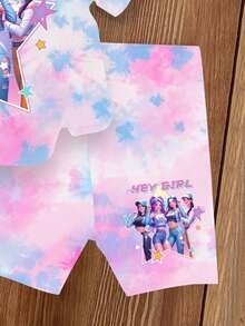 1 Set Young Girls Casual Cute Cartoon K-POP Girl Tie-Dye Print Short Sleeve Crew Neck T-Shirt And Shorts Set, Suitable For Outdoor Wear In Summer - Multicolor - View 6
