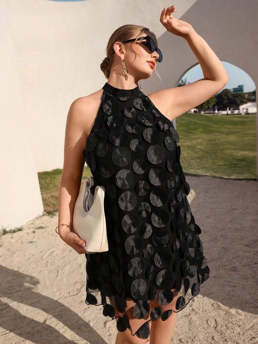 Juhart 大码无袖休闲百搭吊带印花连衣裙 - 黑色 - 查看 1