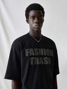 SWAVVY 男士针织休闲宽松短袖T恤，印有英文图案，日常穿着，短款宽松印花T恤，男士宽松印花T恤，男士宽松短款印花衬衫，男士标语印花落肩短款T恤，男士宽松短款T恤 - 黑色 - 查看 3