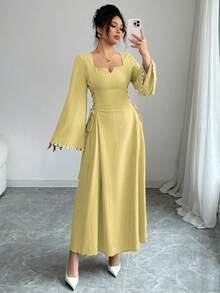 Yasmyna 女士编织紫色系带腰荷叶袖阿拉伯风格连衣裙 - 鵝黃色 - 查看 3