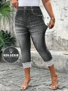 SHEIN Clasi Quần legging lửng dáng rộng, thời trang thường ngày, chất liệu denim, phối ren tương phản, co giãn. - màu đen - Xem 1