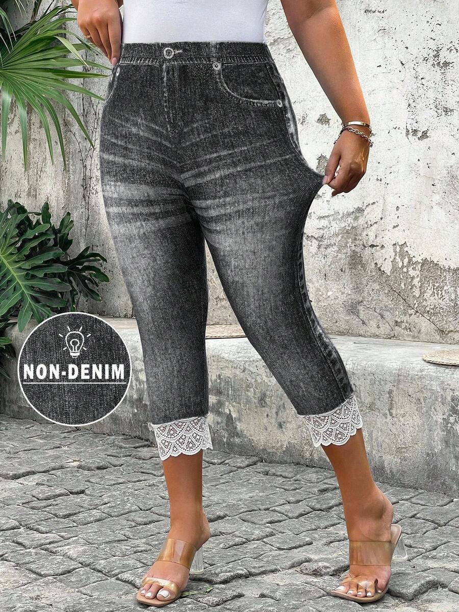 SHEIN Clasi Quần legging lửng dáng rộng, thời trang thường ngày, chất liệu denim, phối ren tương phản, co giãn. - màu đen - Xem 1