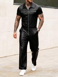 Manfinity CasualCool 男士牛仔背带裤，时尚宽松连体裤，带口袋，粉色，男女皆宜，情人节服装，情人节礼物 - 黑色 - 查看 1