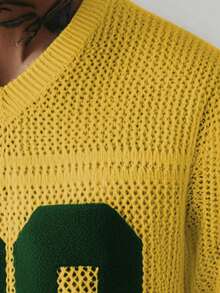 Manfinity Homme Men's Summer Vacation Numeric Flocked V-Neck Short Sleeve Knit Top Crochet Jersey Football Jersey Men Number Jersey Knit Jersey Jamaica Jersey - Yellow - View 3