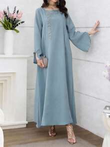 SHEIN Najma Embroidered Floral Trim Patchwork Long Sleeve Maxi Dress, Turkish & Arabic Traditional Style - Blue - View 7