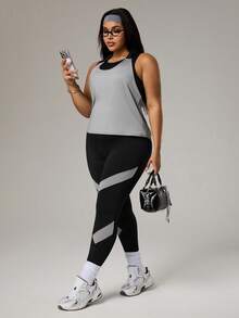 Rhythm Era Plus Size Women 3pcs Set: Solid Color Round Neck Tank Top + Letter Print Tank Top + Colorblock Leggings Sports Suit - Multicolor - View 5