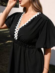 Juhart 大码女式梭织常规早春休闲舒适通勤深V短袖拼接白色蕾丝收腰长款黑色连衣裙 - 黑色 - 查看 6