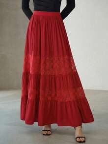 MOTF PREMIUM WOMEN'S CONTRAST LACE RUFFLE HEM SKIRT - Burgundy - View 3