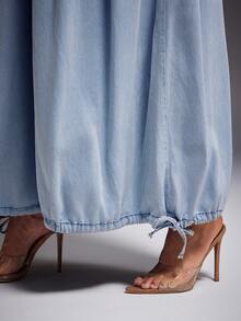 Denimoi Low Beck Pleated Waist Wide Leg Denim Jumpsuit Sexy Jumpsuits Brunch Outfits Vacation Outfits - Light Wash - View 3