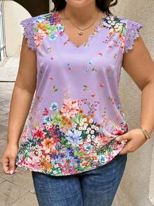 SHEIN Clasi 夏季大码女式印花蕾丝拼接荷叶袖衬衫，弧形下摆，V领设计 - 紫丁香色 - 查看 5