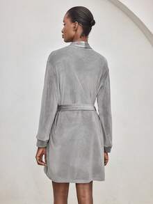 Ocili Women's Silky Gray Comfortable Velvet Loose Belted Mid-Length Robe, Sleepwear - Grey - View 3