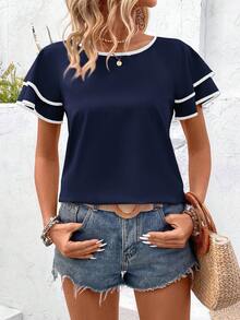 Breezaya 女士休闲圆领荷叶边撞色短袖衬衫 - 寶藍色 - 查看 3