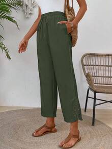 EMERY ROSE Pantalones largos de mujer de verano con cintura de cordón, unicolor y parches de encaje - Verde - Ver 3