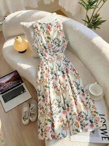 SHEIN Clasi 大码女式早春彩色碎花优雅A字收腰连衣裙 - 彩色 - 查看 2