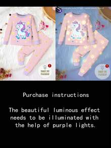 Set Piyama 2 Potong untuk Anak Perempuan: Atasan Lengan Panjang dan Celana Rajut Warna Blok Motif Unicorn & Bintang yang Bercahaya dalam Gelap - MultiWarna - View 4