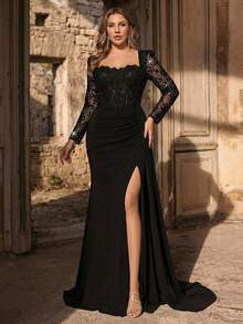 Glamrae Plus Size Elegant Luxurious Fuchsia Lace Off Shoulder Ruched Mermaid Maxi Dress With Sheer Details, Suitable For Weddings, Parties, Vacations, Galas, Formal Events - Black - View 7