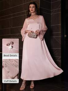 Al Najma Elegant Hjärtformad Klänning med Nitar och Pärlor, Utsvängda Ärmar, Vår/Sommar - Dammrosa - Visa 6