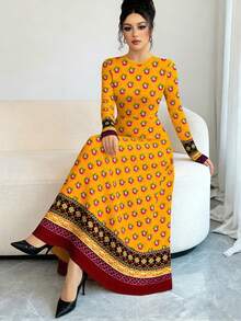 Al Najma 黄色碎花印花长袖A字连衣裙，收腰设计，时尚百搭，春夏款 - 彩色 - 查看 4